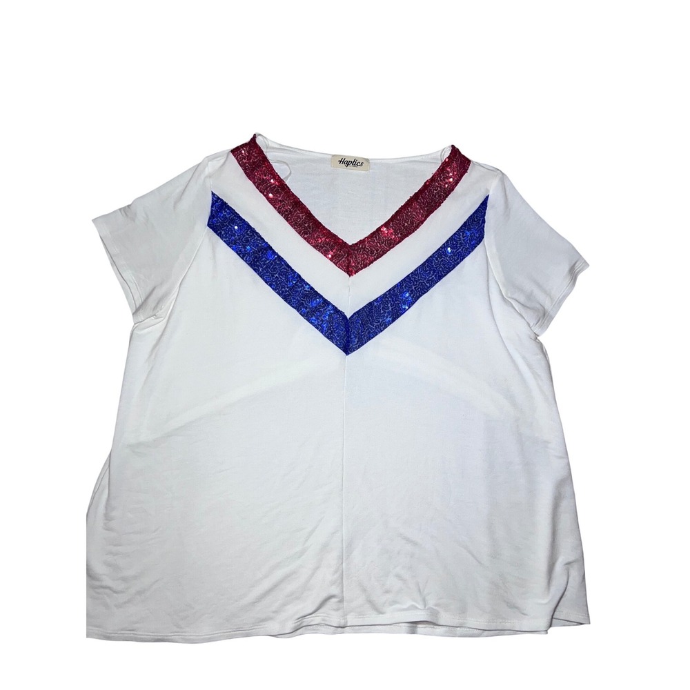 Haptics Womens 3X White Sequin Chevron V-Neck Top Red Blue Patriotic Coastal
